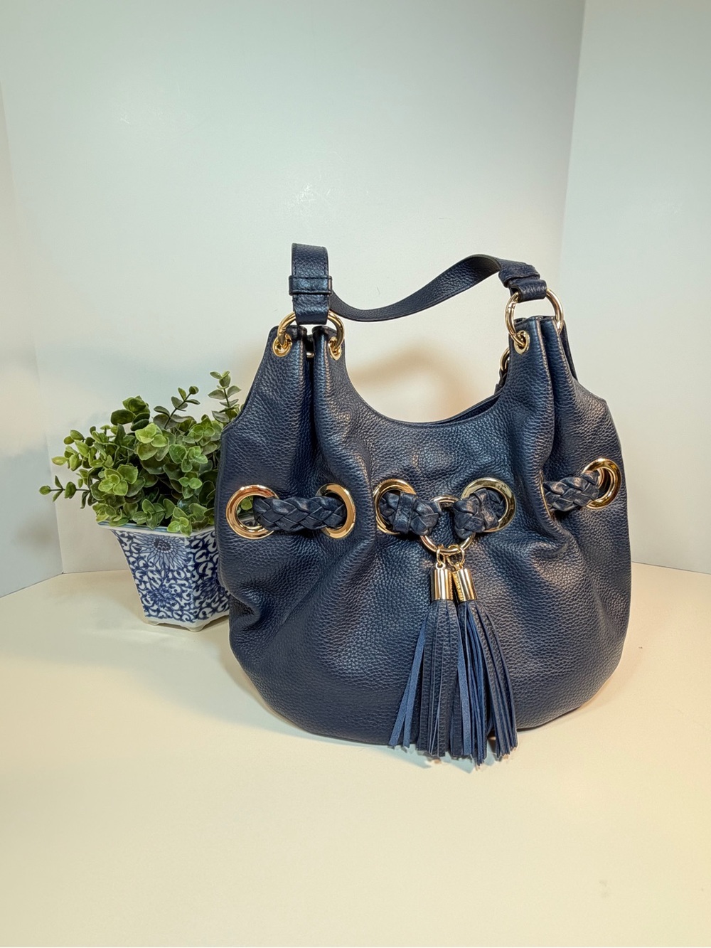 Michael Kors Braided Grommet Hobo Shoulder Bag w Tassel Navy Blue Leather EUC